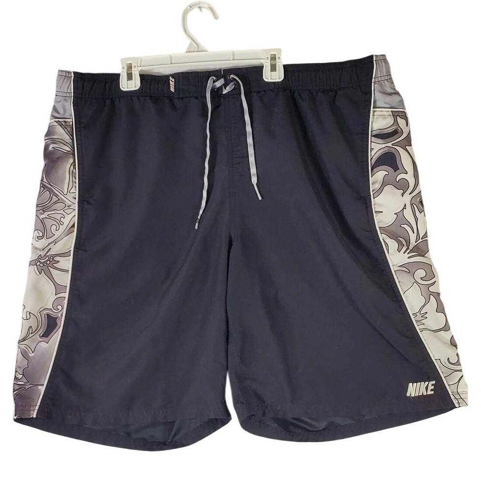 Nike‎ Mens Board Shorts Swim Trunks XL Grey Black Tribal Floral Graphic Mesh